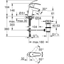 GROHE Einhandmischer Waschtisch Eurosmart NEU S-Size, mit Zugstangen-Ablaufgarnitur 11/4", verchromt