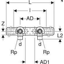 Geberit Anschlusswinkel FlowFit 90G zwei L 52mm DN12 16mm Rp 1/2 mont.