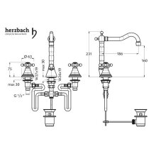 Herzbach ANAIS CLASSIC Waschtischbatterie 3-loch mit Kreuzgriff-Betätigungen chrom